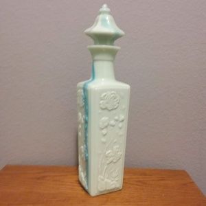 1972  Liquor Bottle Decanter Pagoda Slag Glass Green Jadite Milk Glass
